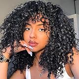quesdom Short Curly Wigs for Black Women, Premium Synthetic Afro Curly Wig with Bangs Heat Resistant Black Hair Natural Look, Fluffy Curly Wigs for Women Girls (Natural Black)