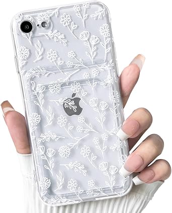 NITITOP Compatible with iPhone 7/8 / SE Case Clear with Card Holder Cute Flower Floral Leave Pattern for Women Girl Soft TPU Shock-Absorbing Wallet Case Protective Phone Cover - White