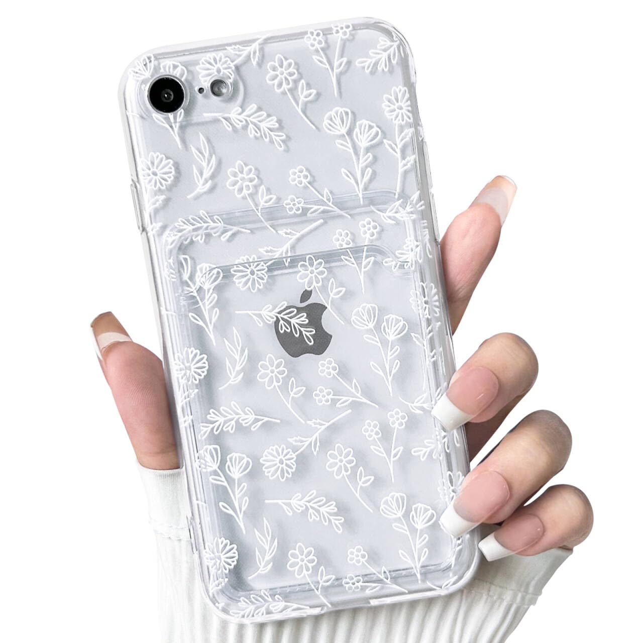NITITOP Compatible with iPhone 7/8 / SE Case Clear with Card Holder Cute Flower Floral Leave Pattern for Women Girl Soft TPU Shock-Absorbing Wallet