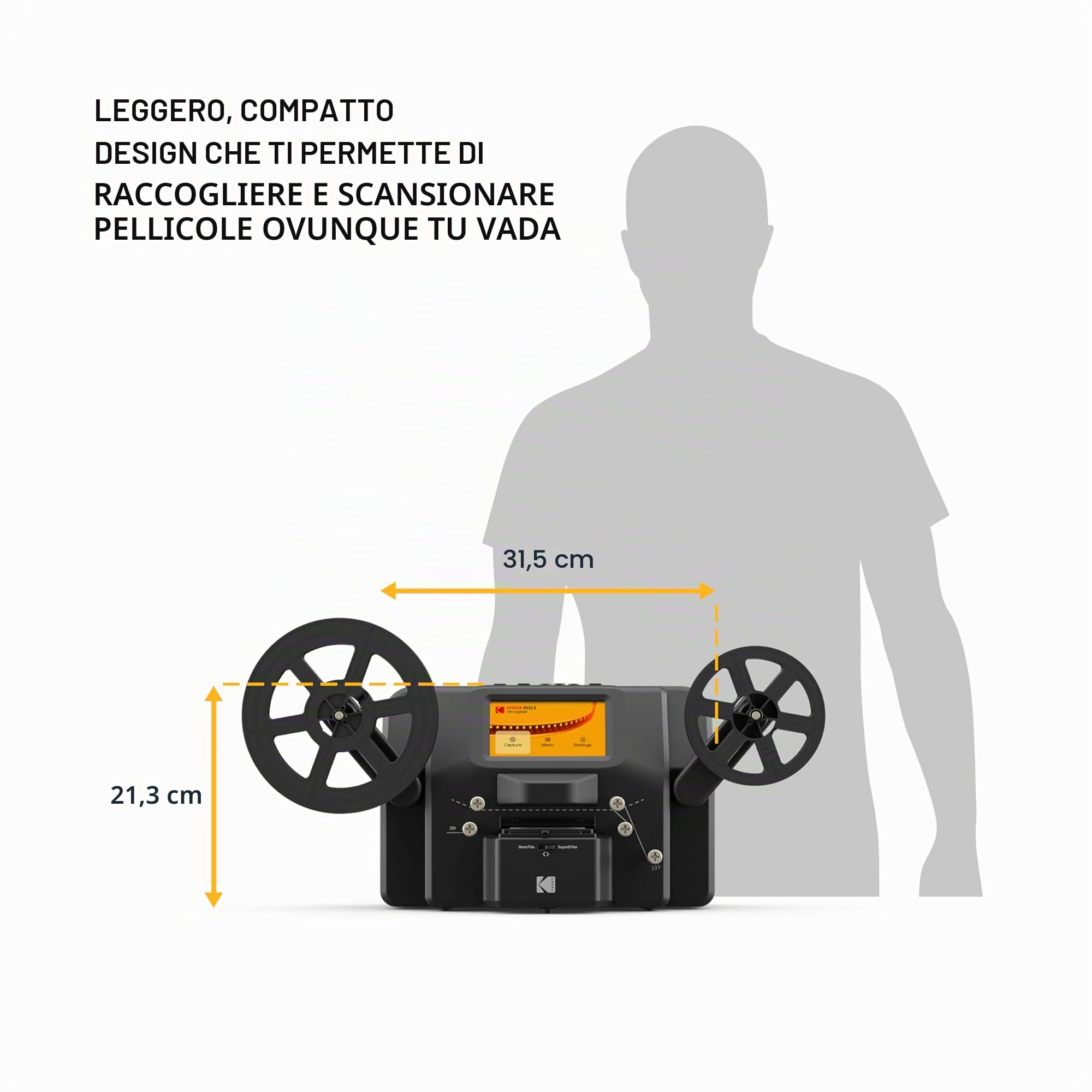 KODAK REELS Convertitore digitalizzatore di filmati da 8 mm e Super 8 con schermo grande da 5", lo scanner Converte il filmato fotogramma in fotogramma in file digitali MP4 per la visualizzazione