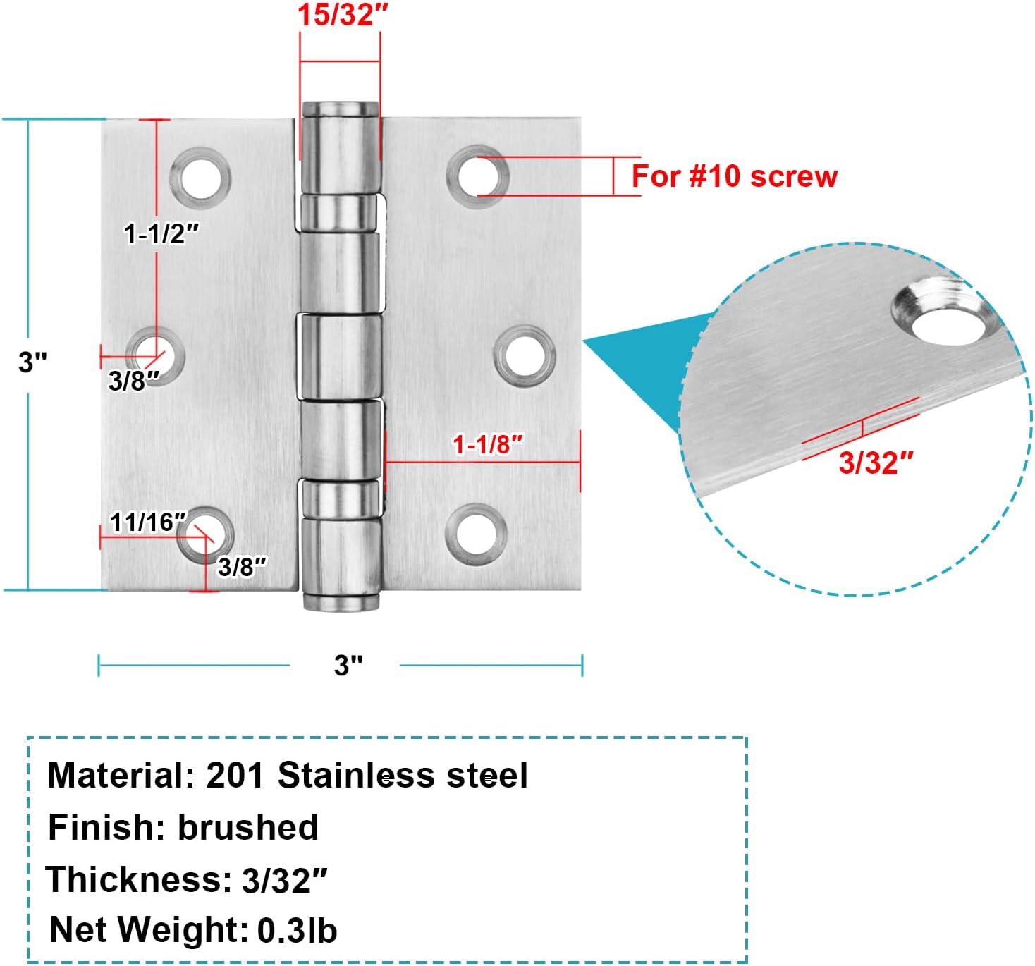 6 Pack 3" x 3" Square Door Hinges, Stainless Steel Butt Hinges, Ball Bearing, Load 100 lbs