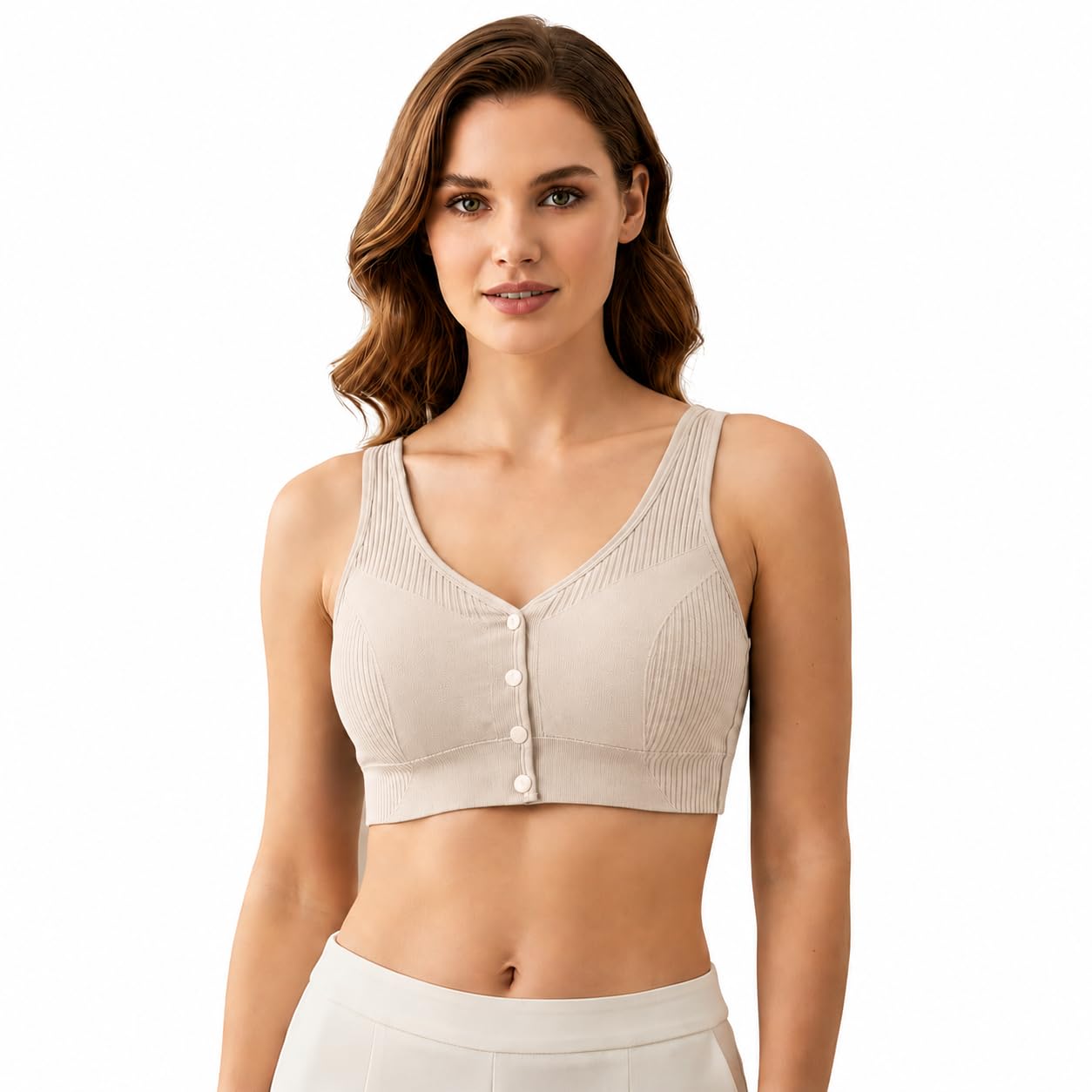 DC'Women's Ribbed Crop Bra Top, Front Button Closure, V-Neck, Wireless/Pack of 1 /Free Size 30-34-picture-25