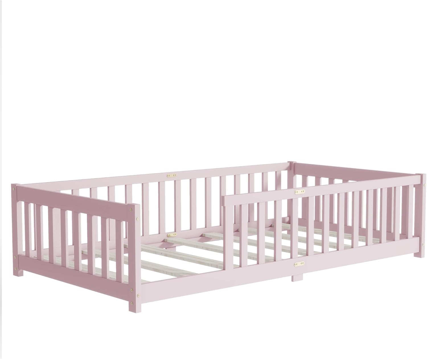 Bellemave Twin Floor Bed with Slats and Safety Guardrails, Kids Montessori Floor Beds with Fence and Without Door, Easy Assemble Floor Bed for Kids, Girls, Boys, Pink
