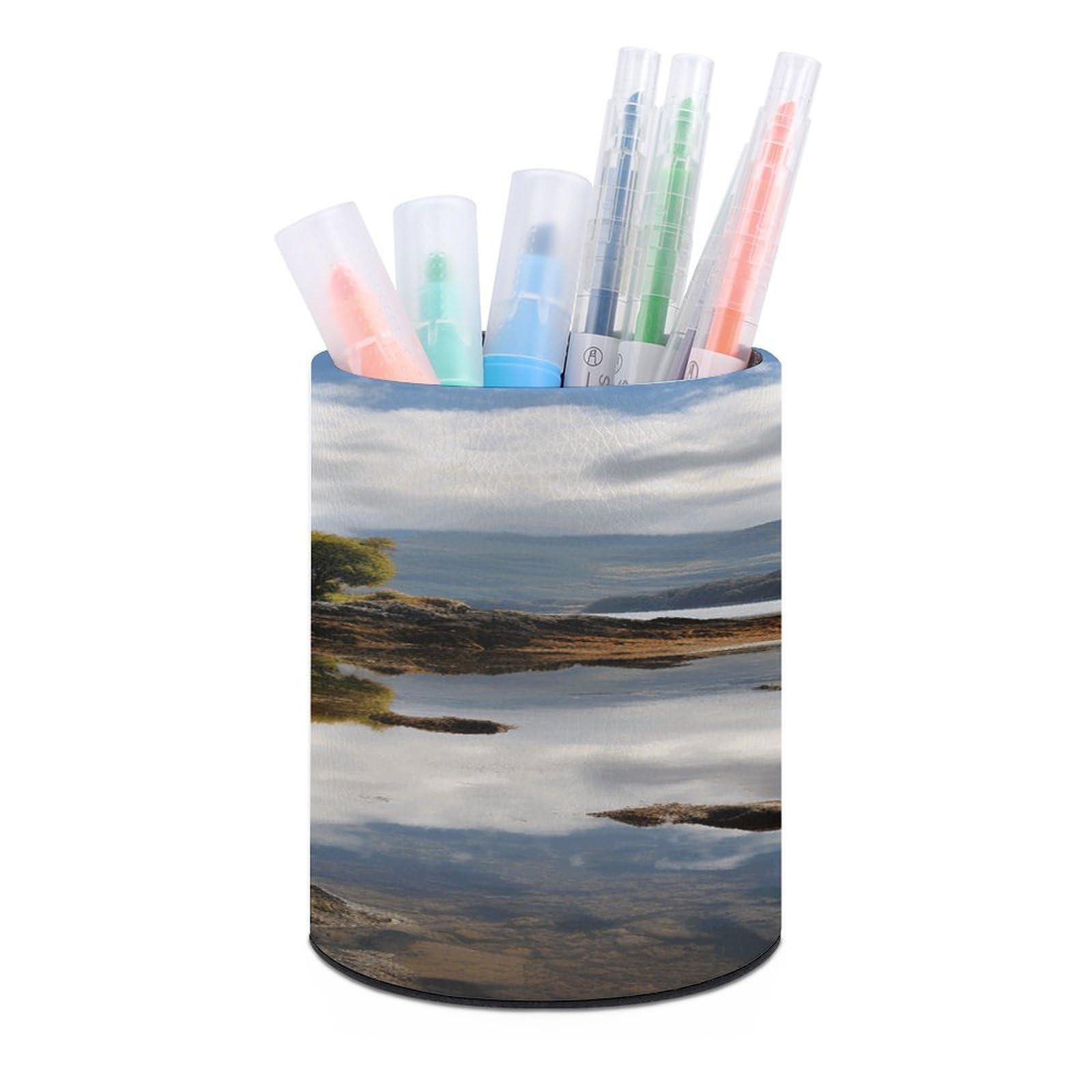 VstaDank Scotland Castle Water Lake Scottish Pen Holder PU Leather Pencil Cup Minimalist Desk Pencil Holder Round Make Up Brush Organizers For Office Dorm Room&Vanity Desk Accessories