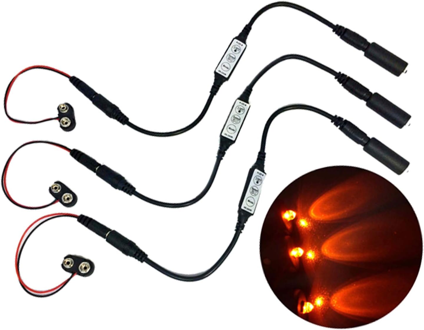 3 Pack Orange LED Micro Effect Lights Flash Blink Strobe Flicker dimmer Control 9V for Props Scenery