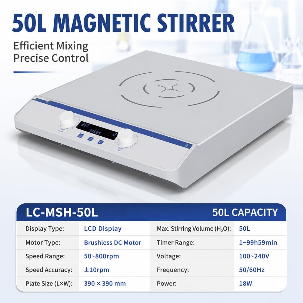 Agitador Magnético LCD 50L Sin Escobillas 800RPM Laboratorio | Motor sin escobillas, marcha atrás programable, bajo nivel de ruido.