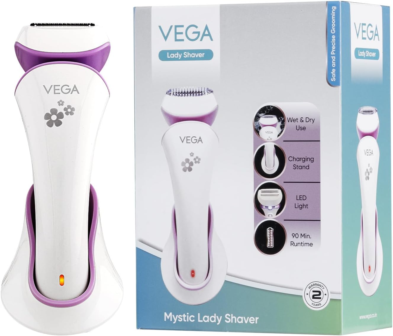 Mystic Lady Shaver for Women with Charging Stand, 90 Mins Runtime, Quick Charge, IPX 6 Waterproof and Cord & Cordless Use,White, All Skin Types, (VHLS-02)