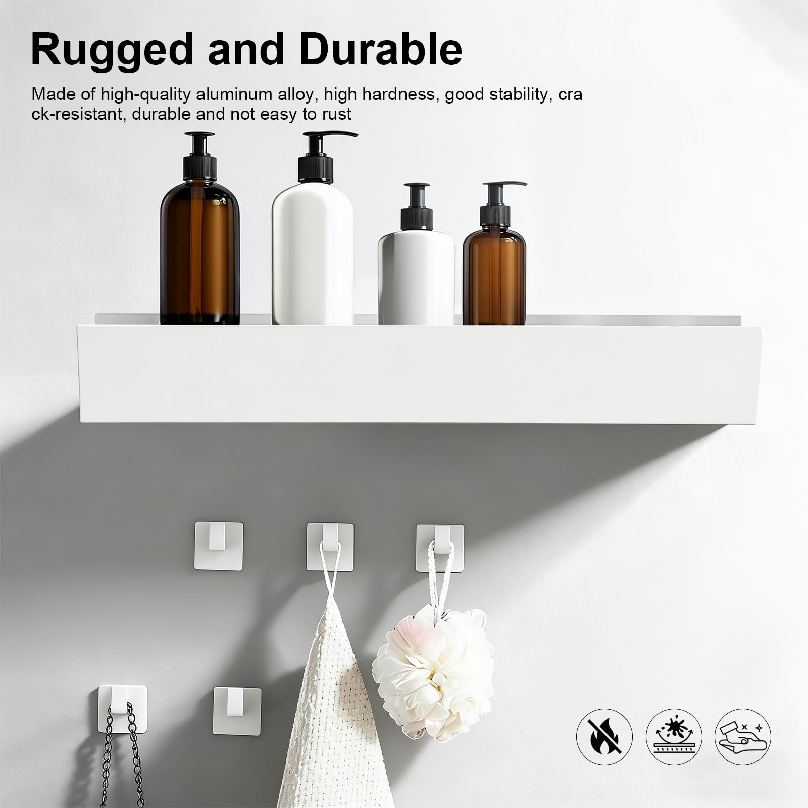 59,5 cm Estanteria Pared Baño, Blanco Organizador de Ducha, Estantería para Ducha en Aleación de Aluminio, Soporte Champu Duchas con 2 Ganchos, para Baño, Cocina, Balcón y Otras áreas