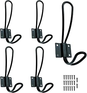 5pack Rustic Entryway Hooks - Black Wall Hooks for Hanging with 20pack Metal Screws, Vintage Double Coat Hooks, Durable and Easy to Install Farmhouse Hooks for Hanging Clothes, Coats, Hats