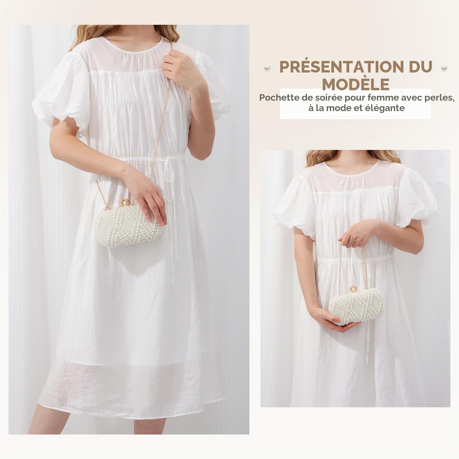 EVEOUT Élégant Sac à Main de Mariage en Perles Femme Pochette de Mariée avec Poignée et Bandoulière Clutch Sac bandoulière pour soirée fête