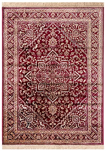 Carpeto Rugs Teppich mit Fransen Orientalisch in Creme Silber - Wohnzimmer Schlafzimmer - Klassisch Orient Muster dicht gewebt - Kurzflor Weiche Viskose - Faser 80 x 150 cm