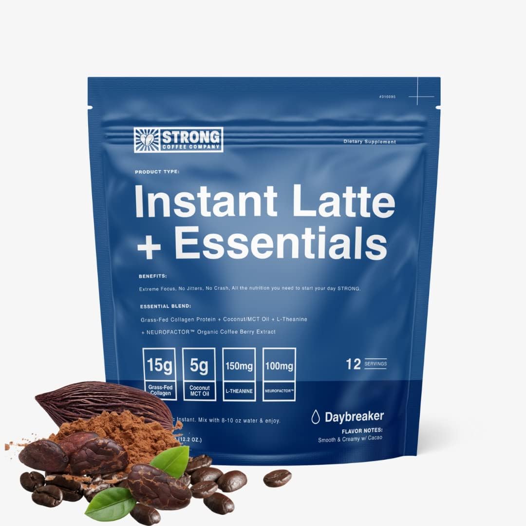 STRONG COFFEE COMPANY | Daybreaker | Premium Organic Instant Cacao Latte | 12 Single Serving PER Pack - Smooth and Creamy Chocolate Taste, 15g Grass Fed Collagen Protein, L-Theanine