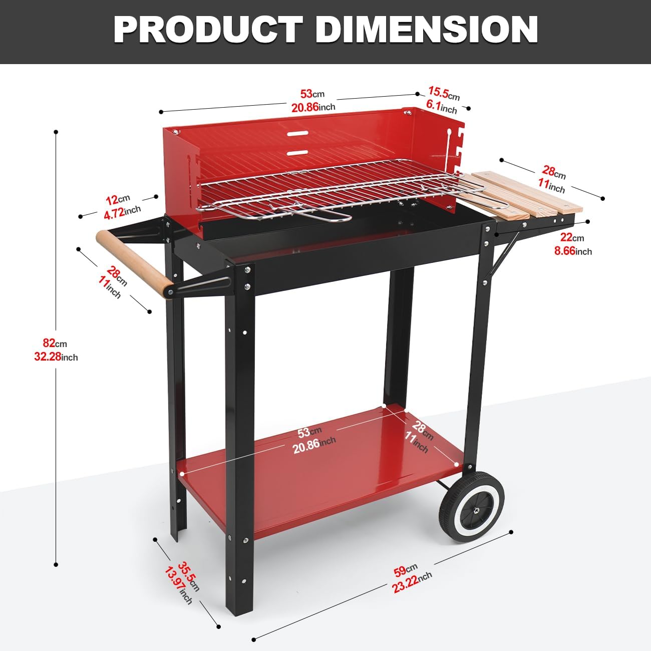 Charcoal Grill, Outdoor BBQ Portable Grill with Side Table and Wheel, Folding Grill for Outdoor Cooking Camping Garden (Red)