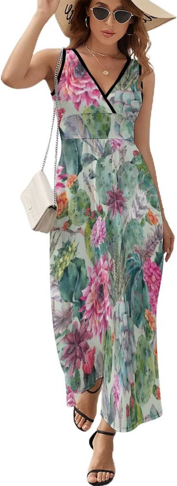 Feim-AO Women's Maxi Dress Palm Tropical Flower Sleeveless Tank Long Dresses V Neck Loose Beach Midi Dress -