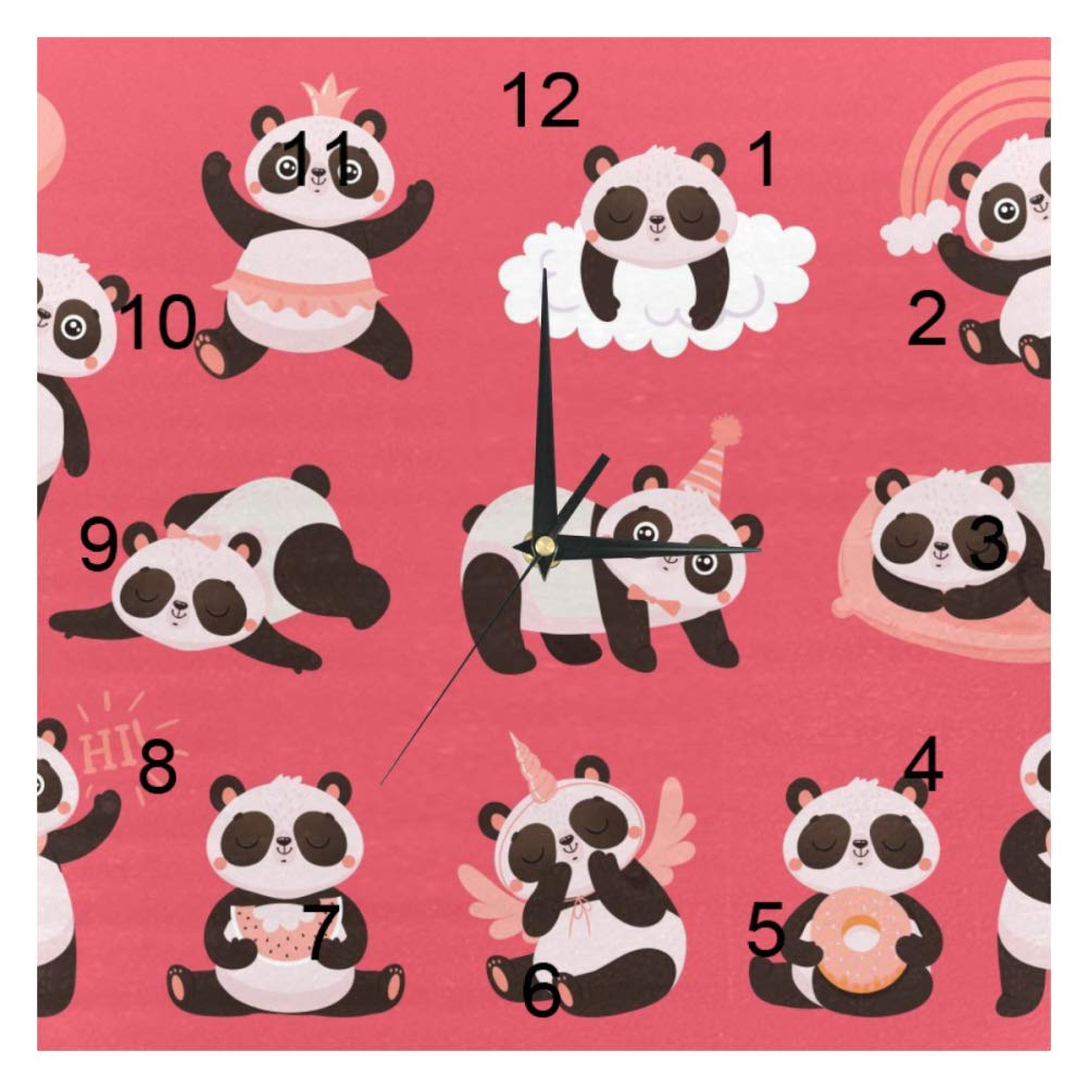 Horloge murale carrée panda Happy Day de 20 cm silencieuse pour chambre