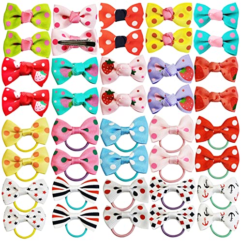 YCYIKA 40PCS Dog Hair Bows Small Dog Hair Clips Polka Dot Loving Heart Pattern Bows with Rubber Bands for Doggie Pet Hair Styling Accessories