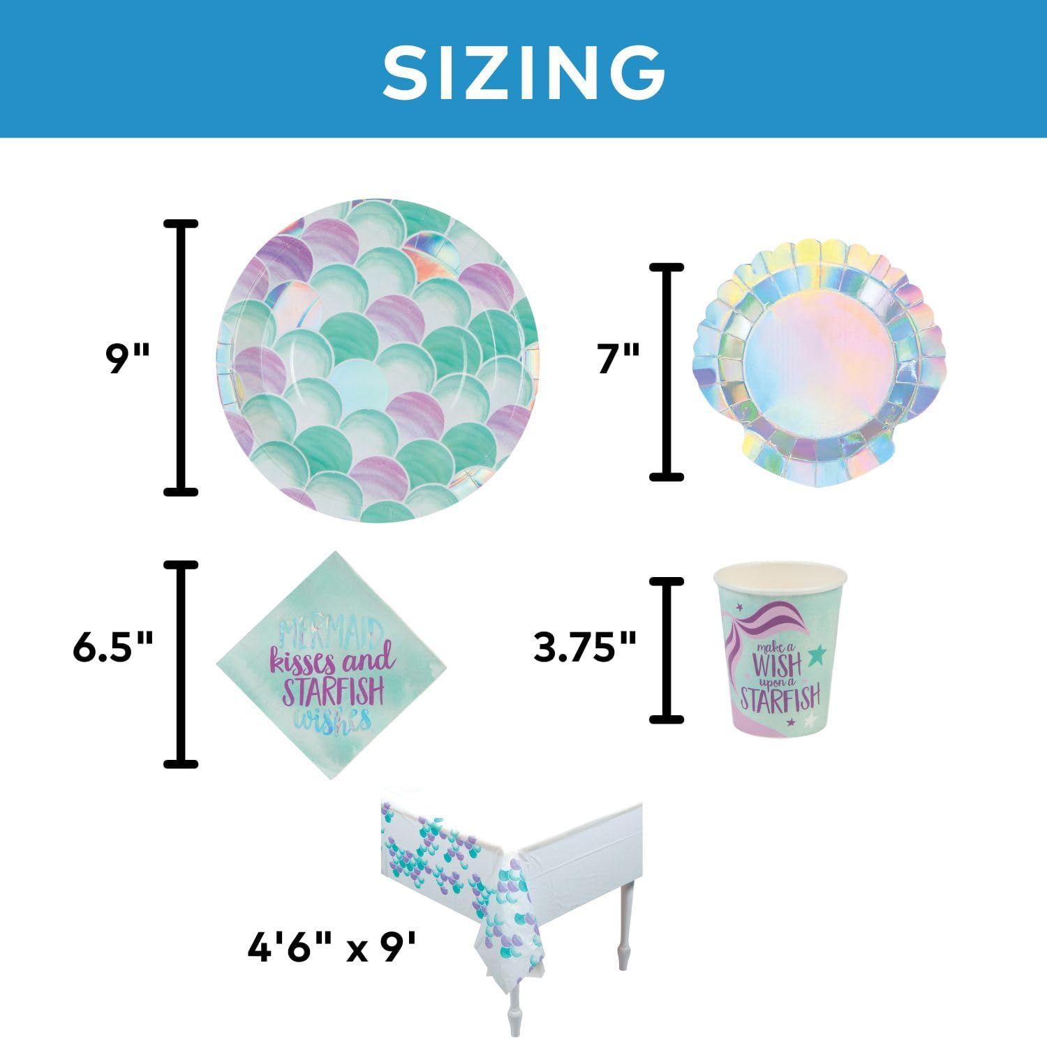 66 Piece Mermaid Sparkle Party Disposable Tableware Kit For 16 Guests, Plates, Napkins, Cups and Tablecover Included