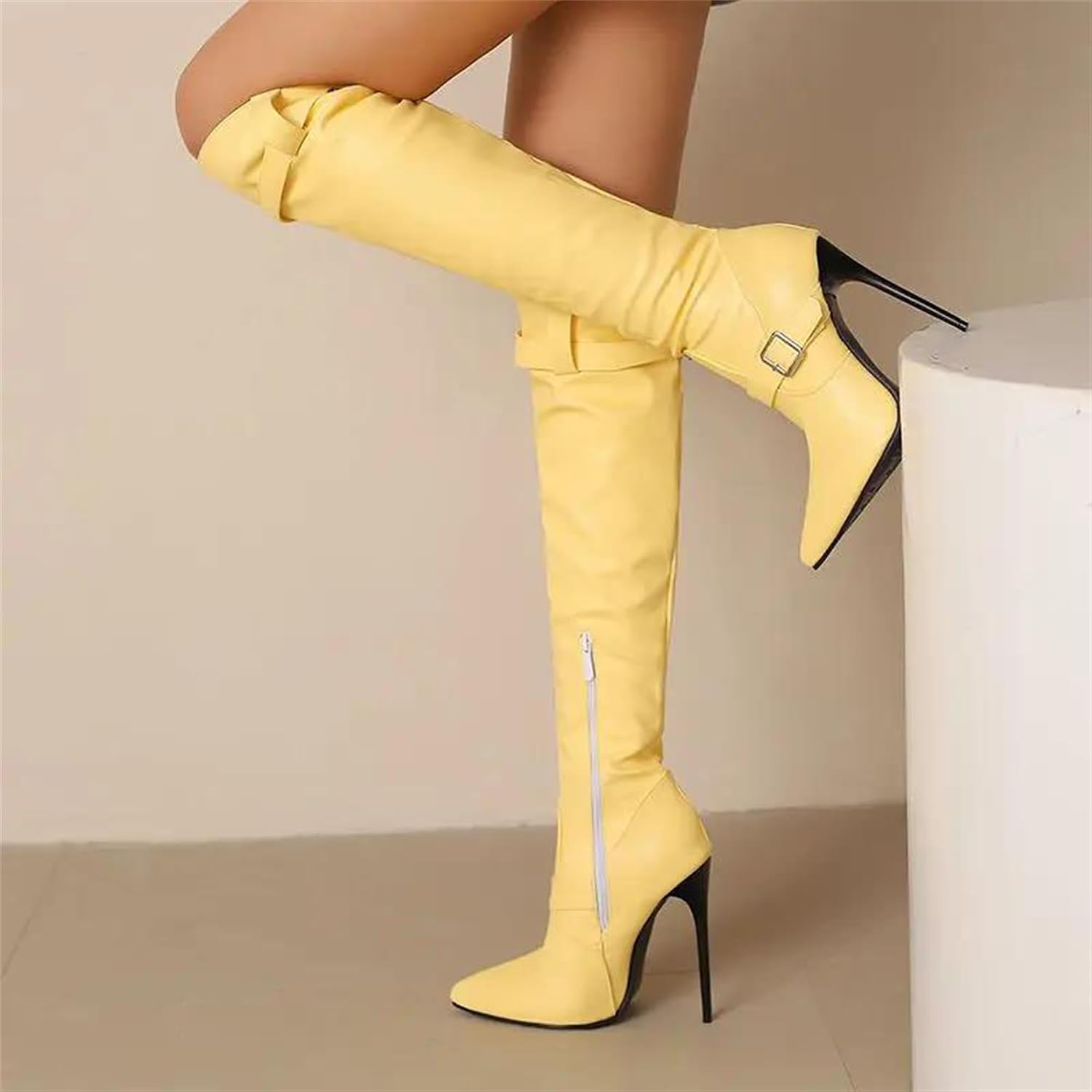 Women's Sexy Over-The-Knee Stretch Boots For Parties With A Pointed Toe Super High Stiletto Heel Platform And A Buckle Zipper