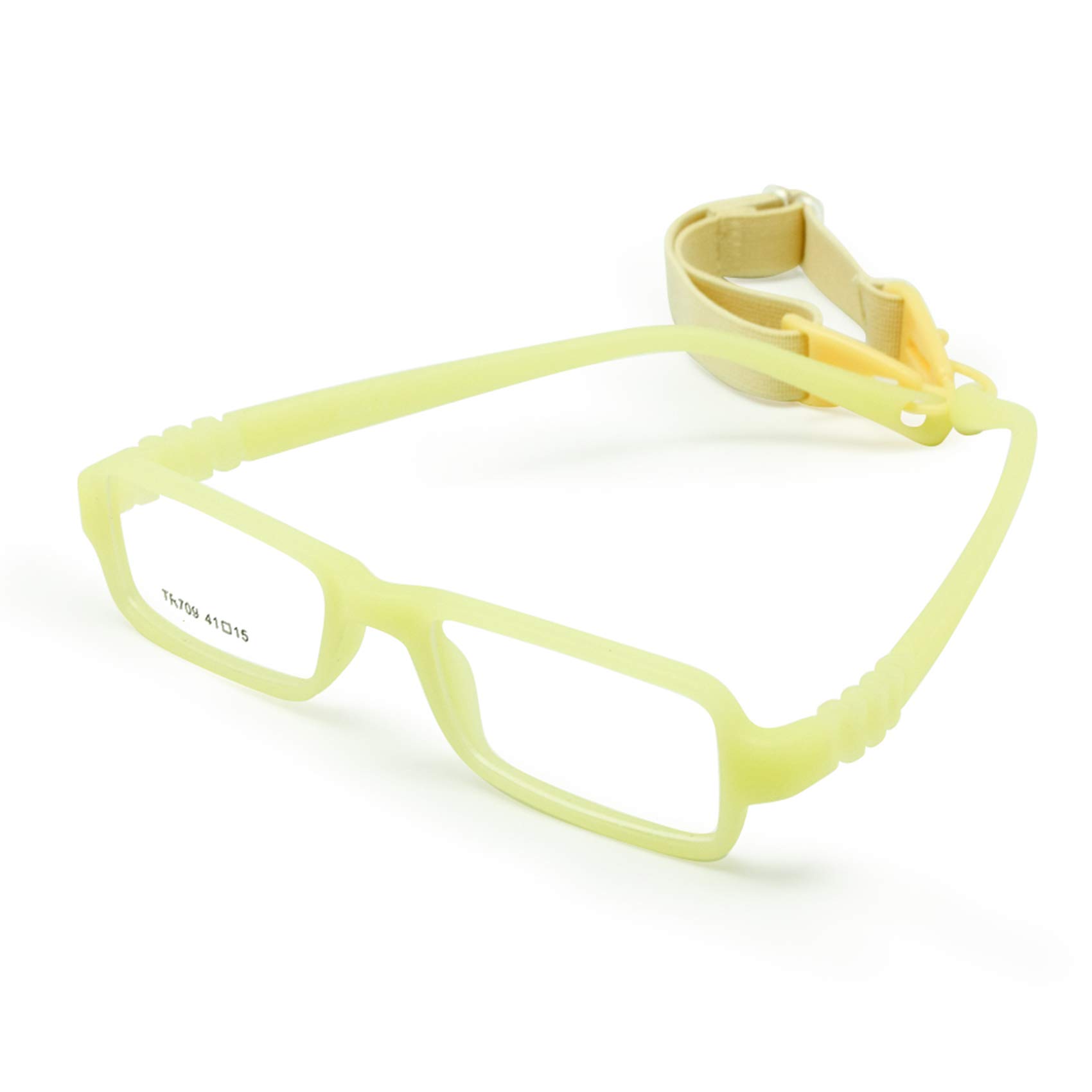 EnzoDateBaby Eyeglasses & Strap Size 41, Rectangle Children Glasses Frame with Elastic Cord, Flexible One-piece Frame & Band Retainer (yellow) for Ages 1-2Y
