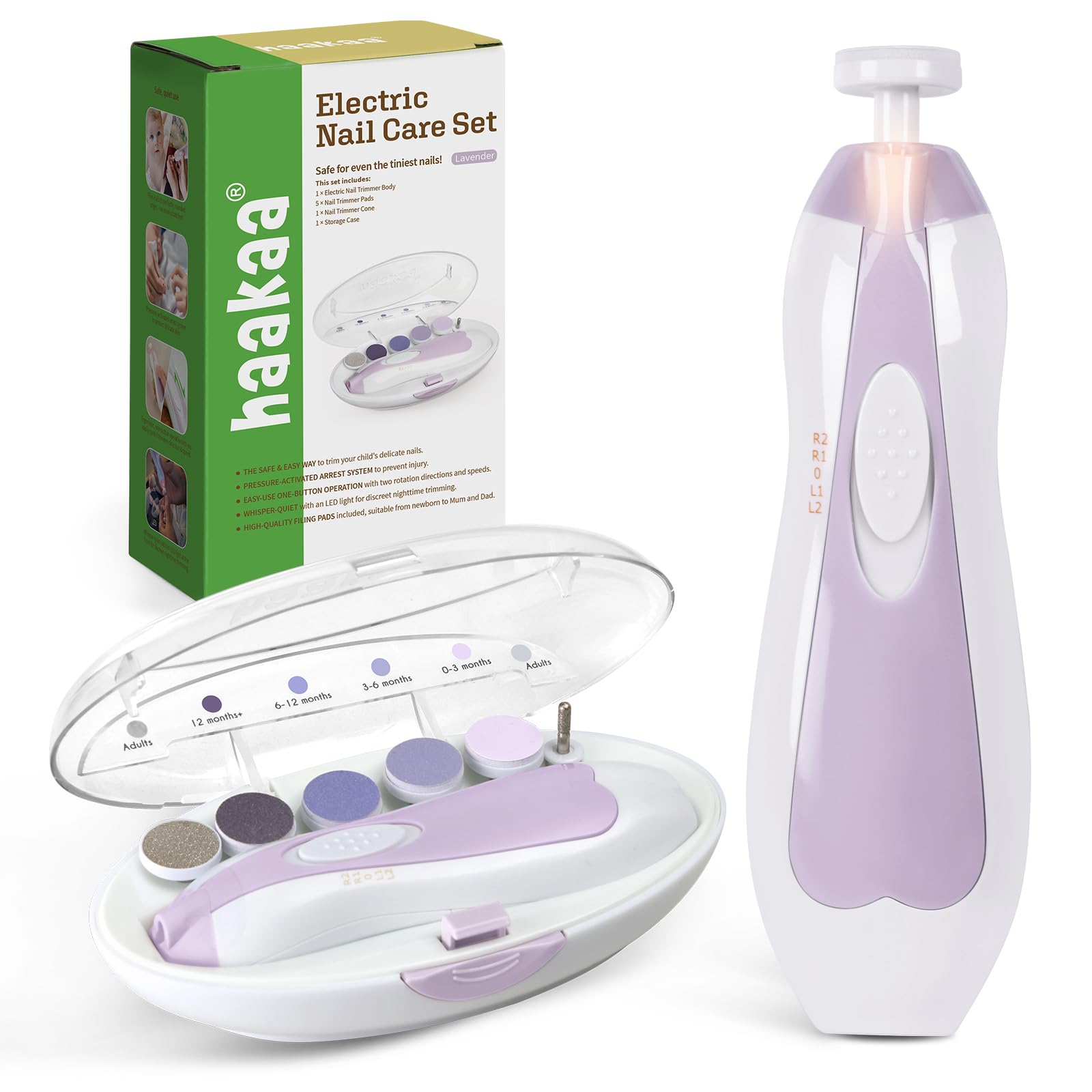 haakaa Baby Nagelschneider Elektrisch Baby Nagelfeile Kit mit LED-Licht, Baby Nagelknipser für Neugeborene Säuglinge Erwachsene Fußnägel und Fingernägel, 6 Ersatzköpfe & Aufbewahrungskoffer, Lavendel