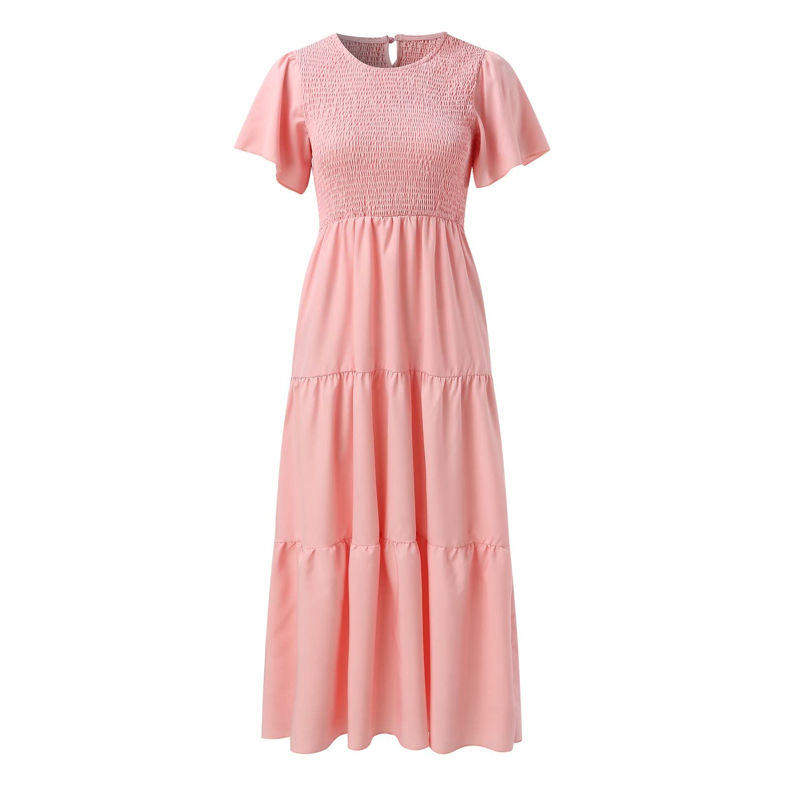 Trajes de verano para mujer, casual, de manga corta, cuello en V, cintura elástica, escalonado, vestido midi elegante e informal
