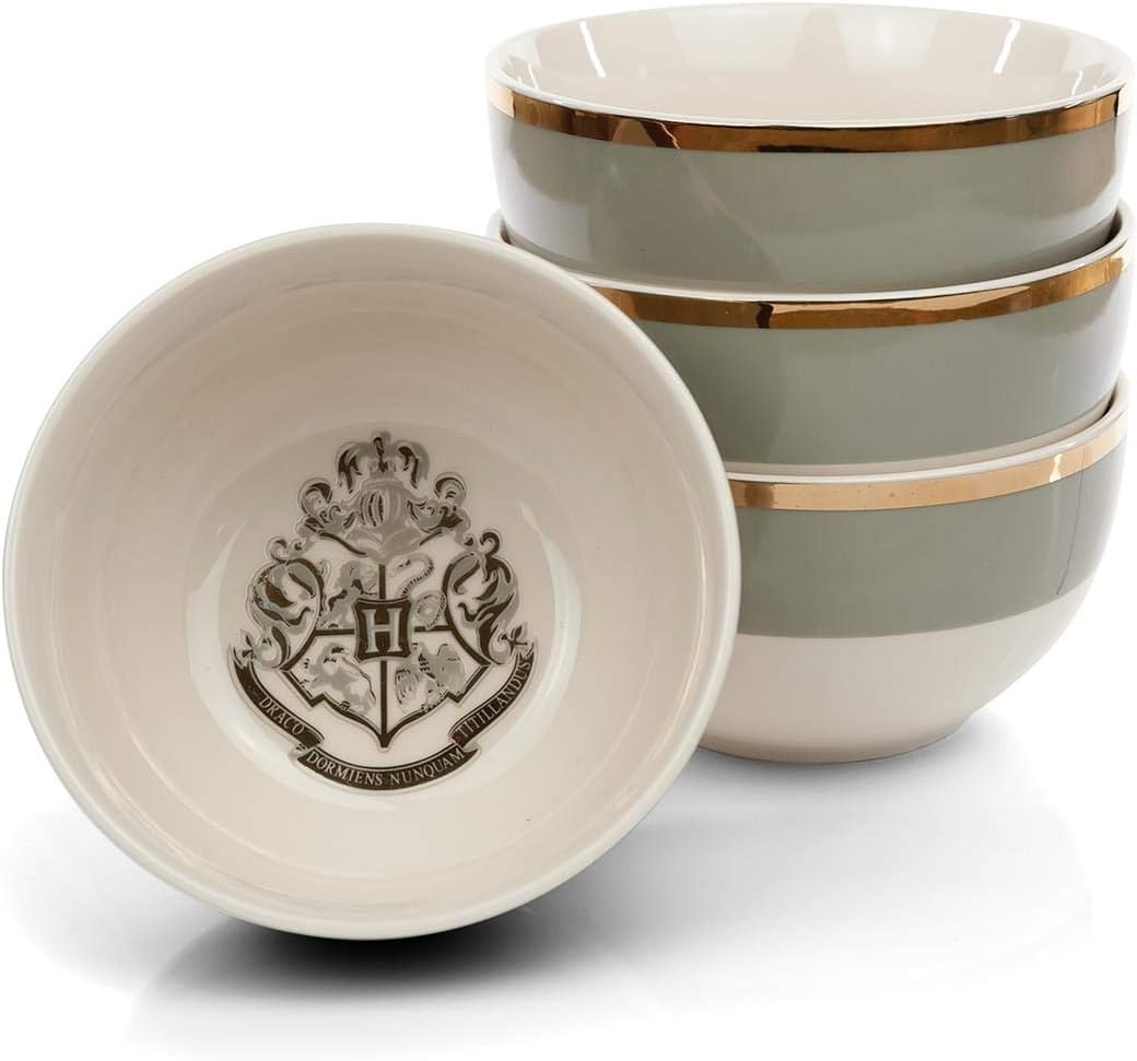 Bowl Set, Includes 4 Side Bowls - Premium Ceramic White and Grey with Hogwarts Crest and Gold Finish