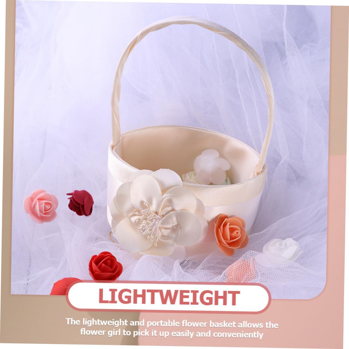 Angoily Satin Wedding Flower Basket Set of 2 Flower Girl Basket for Weddings with Handle for Bridal Ceremony and Party Supplies