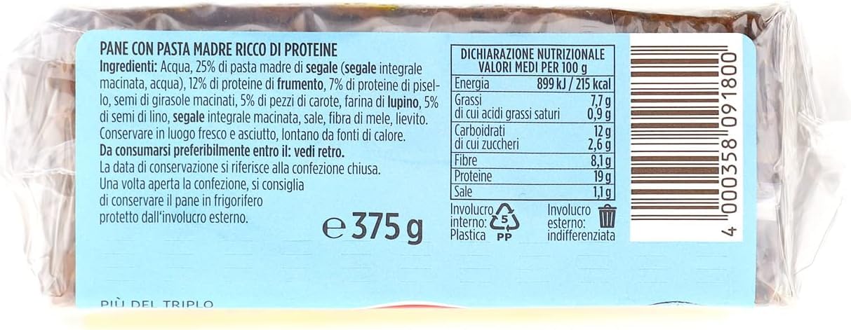 PEMA, Pane Proteico a Ridotto Contenuto di Carboidrati, con Soli Ingredienti Naturali e Ricco di Fibre, 375g
