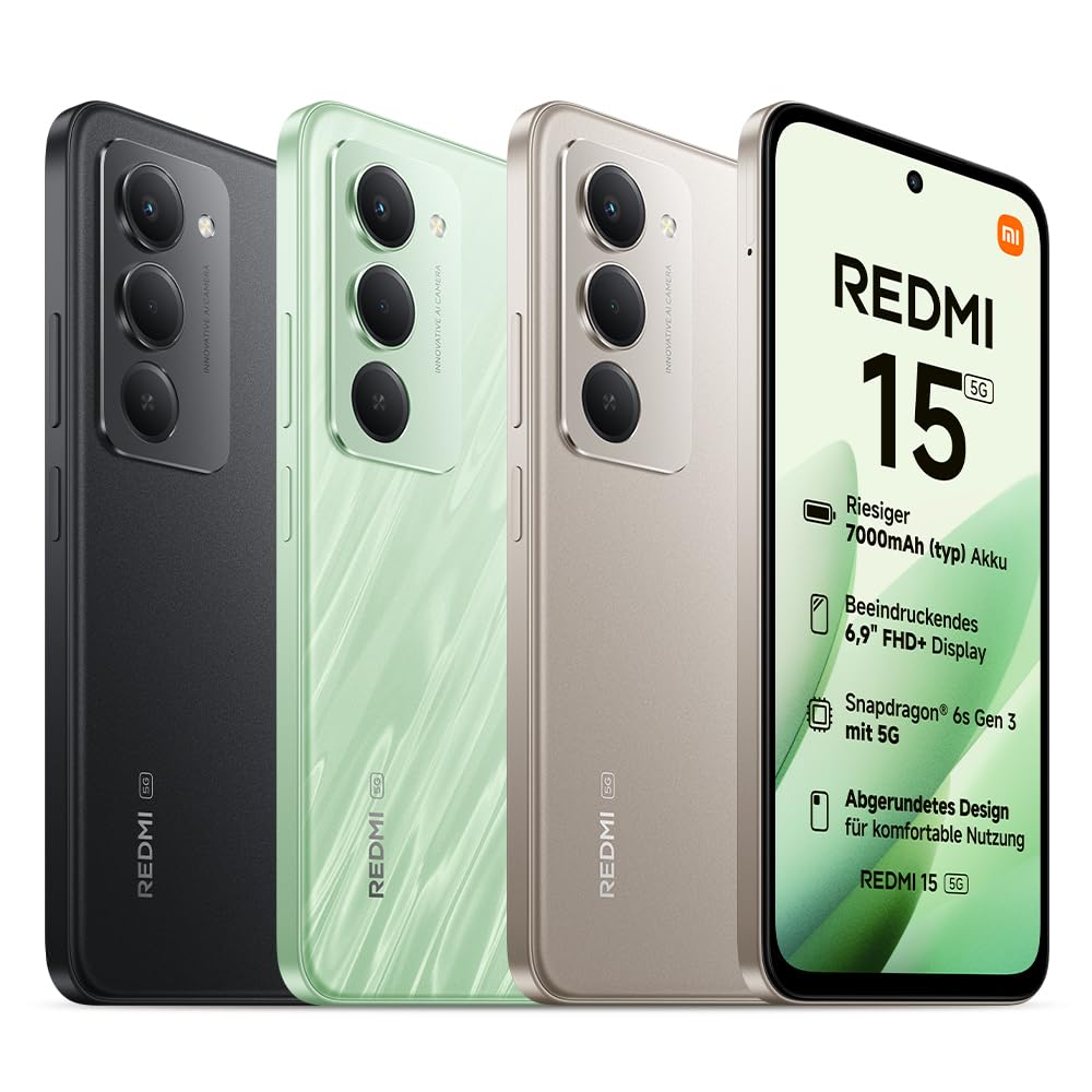 XIAOMI REDMI 15 5G Smartphone, 8+256GB, 50MP Kamera, 7000mAh Akku, Schwarz | Handy mit Android, 6,9'' FHD+ DotDisplay 144Hz, Snapdragon® 6s Gen 3, 6nm-Prozess, Octa-Core-CPU,50MP Hauptkamera,