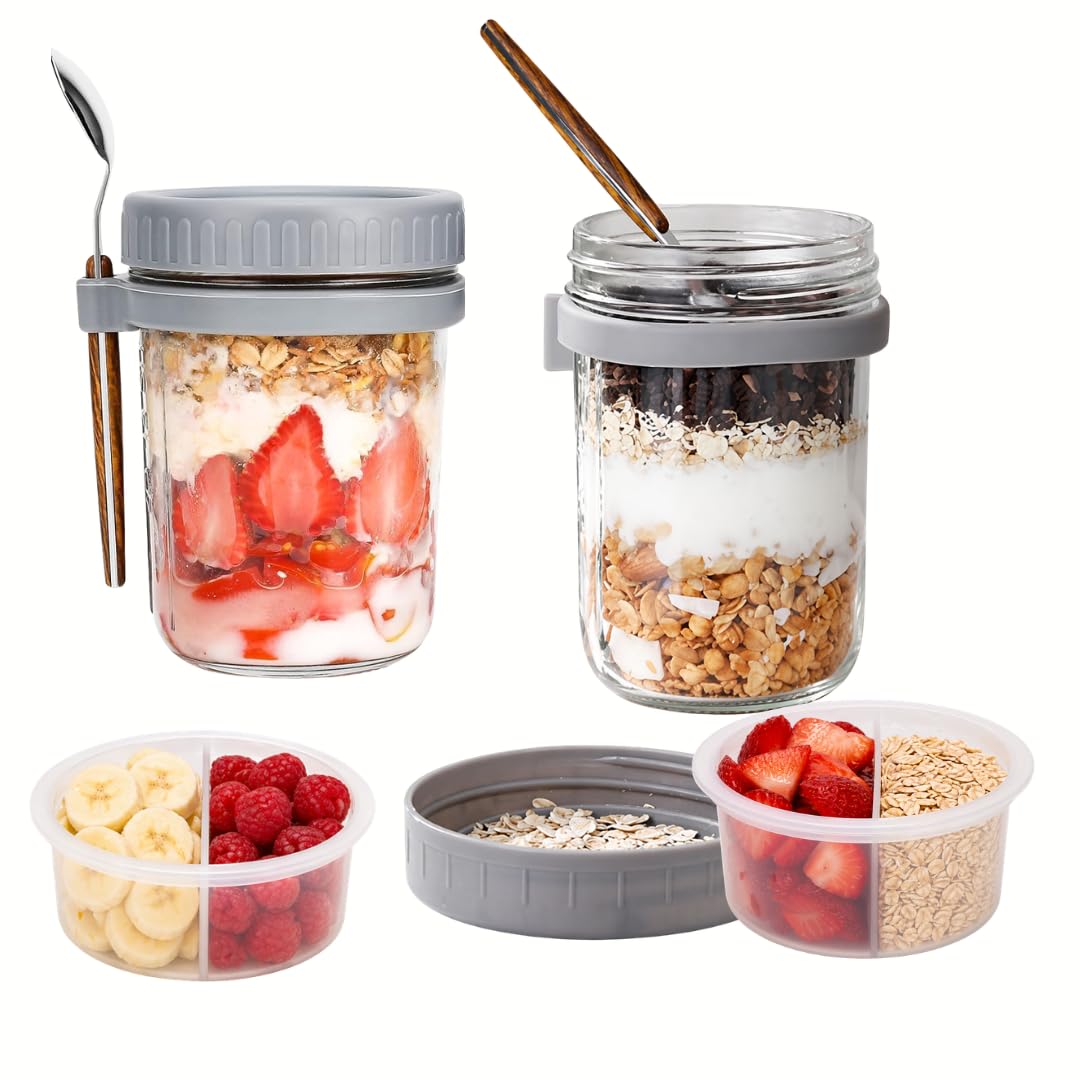 Overnight Oats Jar Breakfast Pots (12oz) – Glass Mason Jars with Lid & Spoon for Chia Pudding, Granola, Yogurt & Cereal | Meal Prep Container for Smoothies & Porridge | Airtight with Measurement Mark