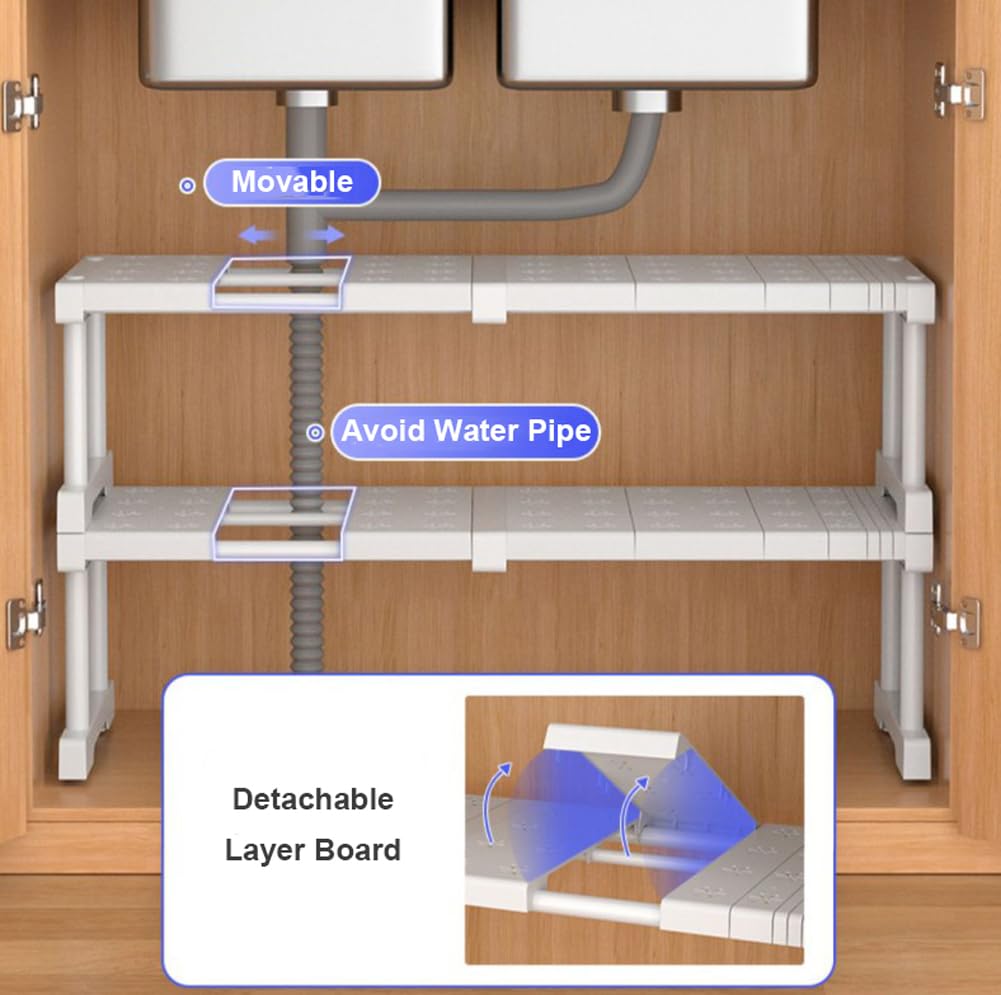 Étagère de placard extensible, étagères de rangement empilables réglables pour économiser de l'espace sous l'évier, séparateur pour placard (24 cm de large + 32 cm de haut, 47 à 68 cm de long