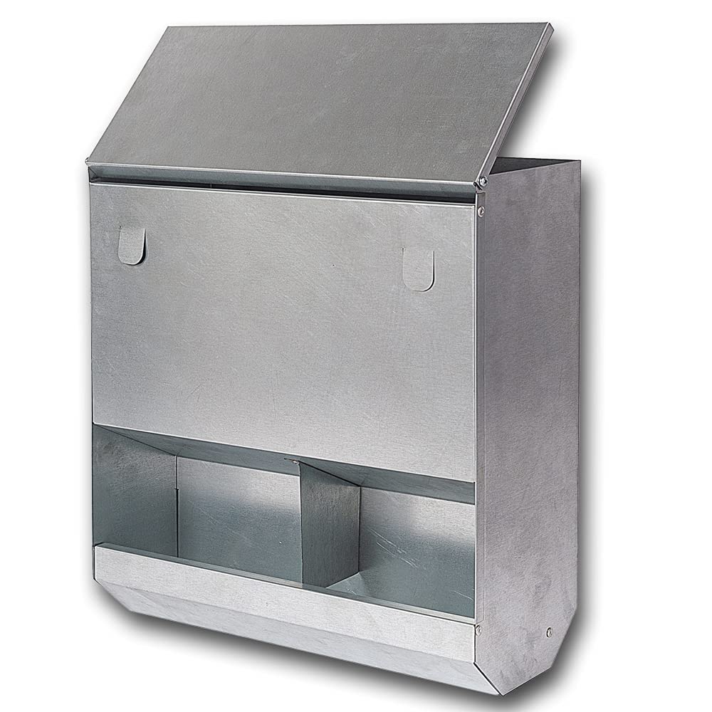 Comedero automático para gallinas recargable desde el exterior de la jaula, tolva para pollos, de chapa galvanizada, para exterior e interior, protege el alimento de la lluvia. (CAPIENCIA 8 kg)