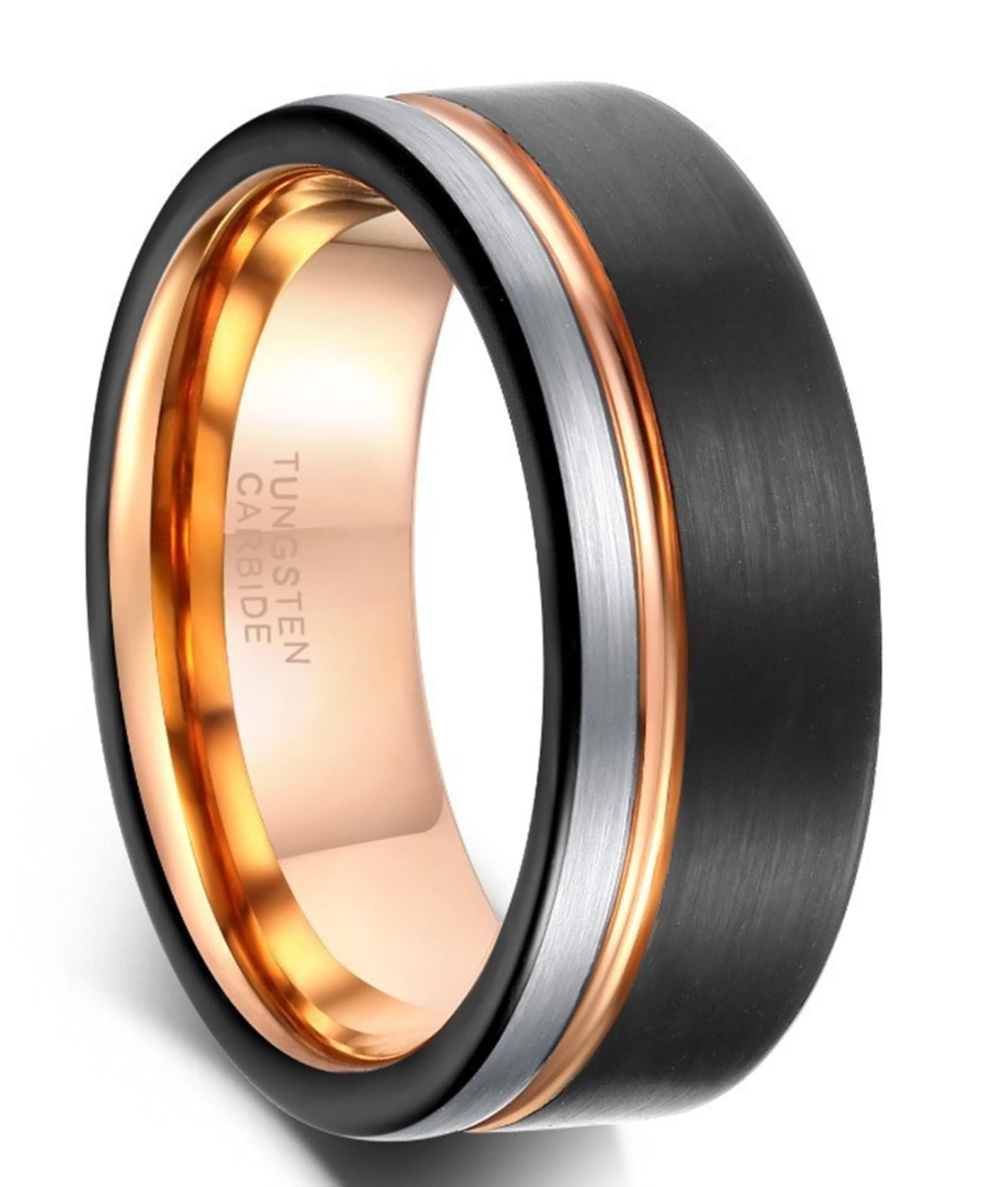 Bague mariage homme carbure de tungstène 8mm tricolore noir et or rose, haute résistance anti-rayures - 5