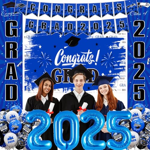 Image of Blue Graduation Decorations 2025, Grad Party Decorations, Class of 2025 Backdrop, Banner, Balloons and Porch Sign for High School & College Celebrations
