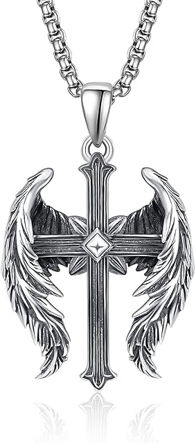 PRAYMOS Amulet Necklace 925 Sterling Silver Pentagram Dragon/Angel Wings Cross/Celtic Knot Skull Crucifix Pendant Gothic Jewellery Retro Amulet Gifts for Men Women, 22+2 Stainless Steel Chain
