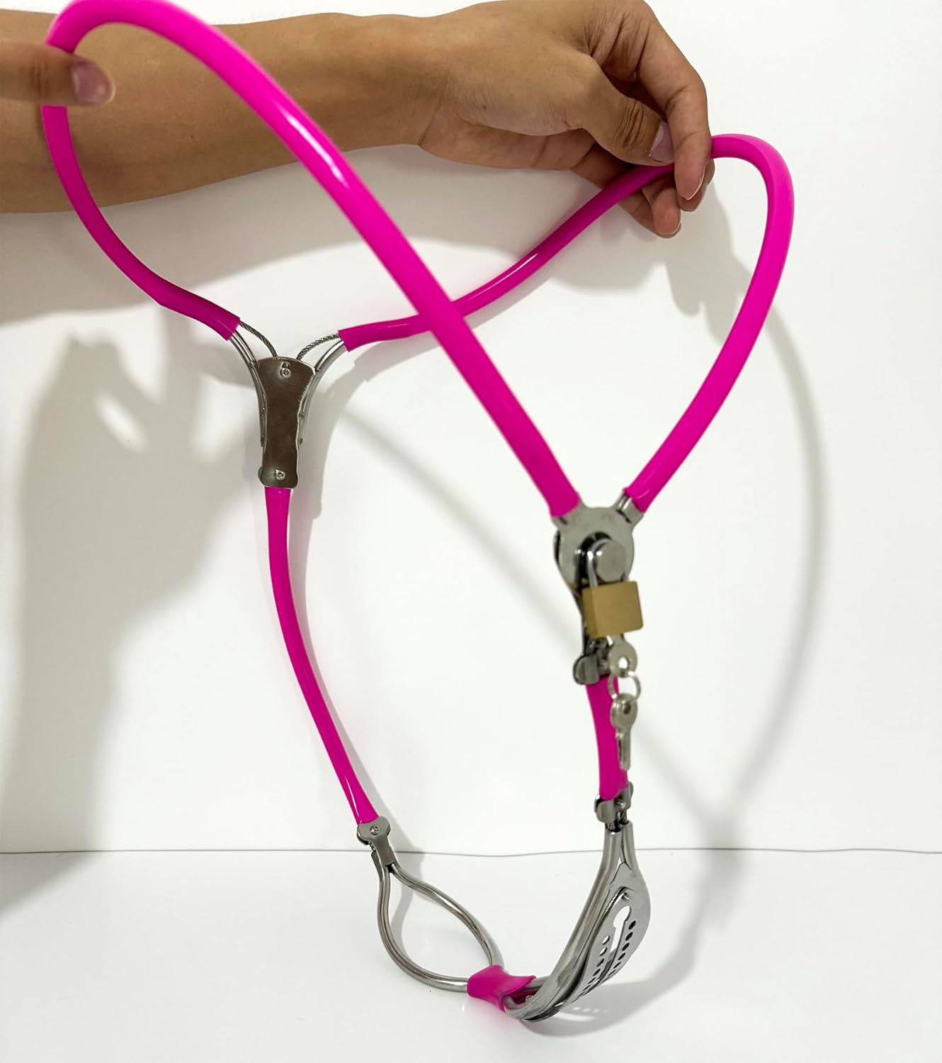 Female Stainless Steel Adjustable Chastity Belt Invisible Panties Device Lockable Underwear Bondage Briefs Bondage Devices BDSM Adult Sex Toys (Pink, 90-110cm)