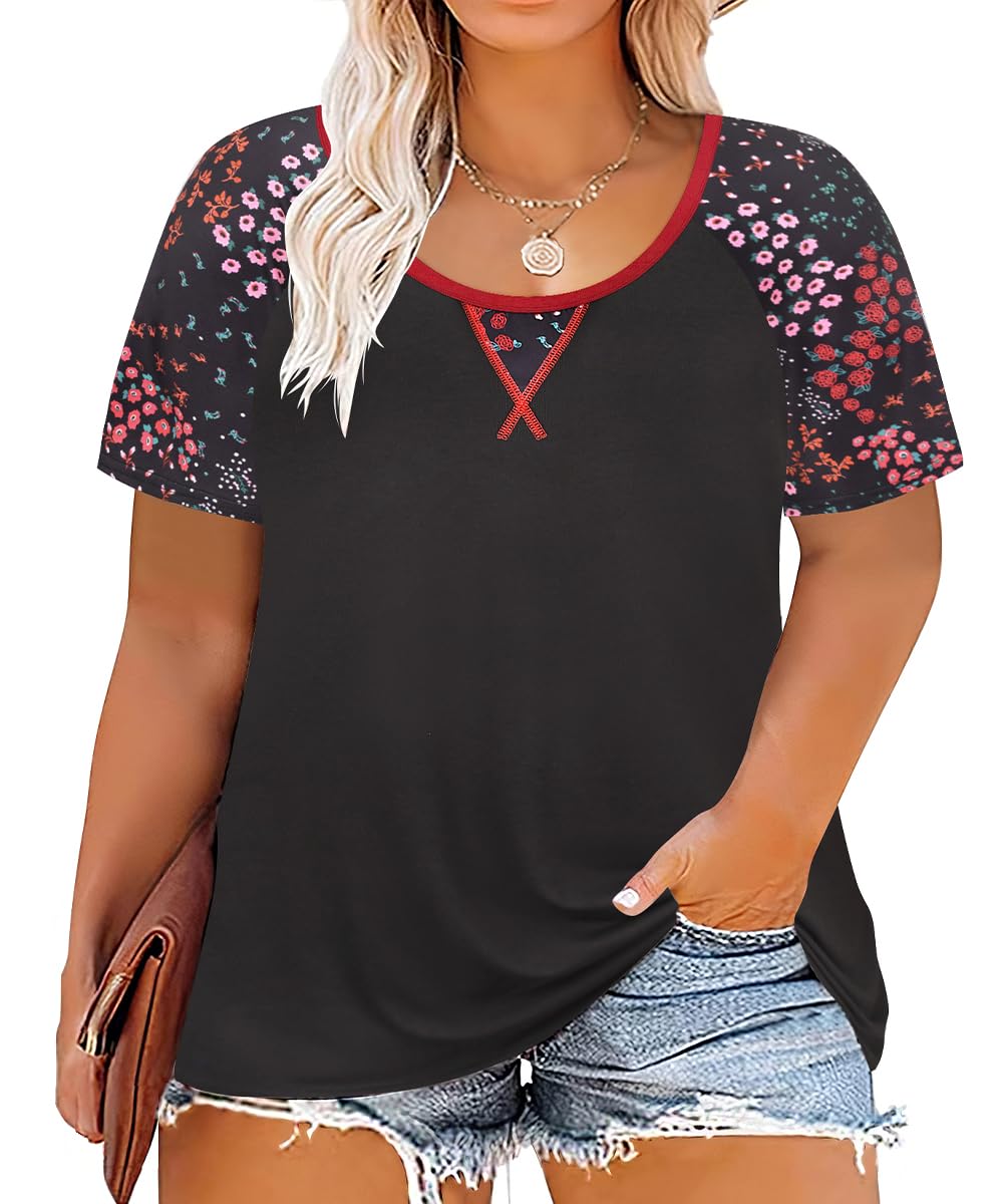 CARCOS Plus Size Tops for Women Short Sleeve Shirt Summer Star/Leopard/Tie Dye/Flower Crewneck Pullover Tunic XL-5XL