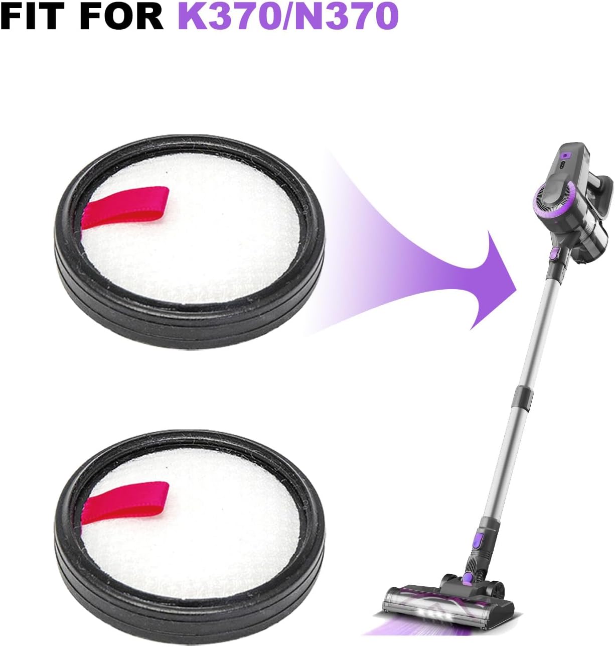 Diagram showing how to install a filter into an INSE K370/N370 vacuum cleaner.