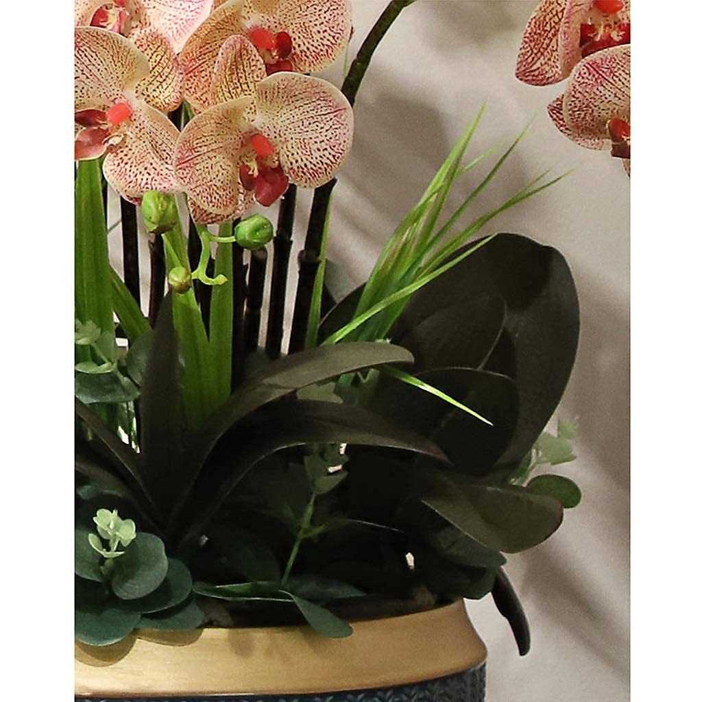 Juego de flores artificiales, orquídea de mariposa falsa, jarrón de cerámica, 12 bonsái de orquídea, adecuado para la familia, sala de estar, fiesta de boda (naranja) (blanco)