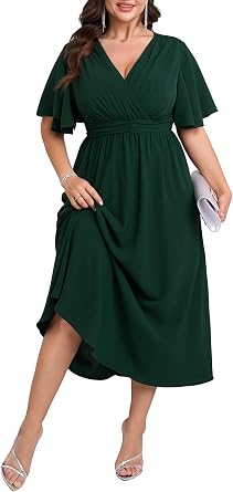 SHESTARR Womens Plus Size Wrap V Neck Dress Short Flutter Sleeve Pleated Empire Waist Ruffle A Line Maxi Long Dresses