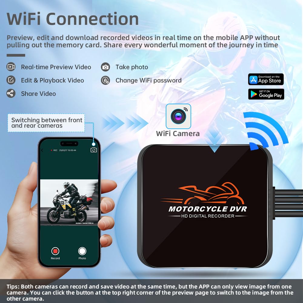 VSYSTO Kamera Motocyklowa WiFi, HD 1080P, Tryb Nocny Starlight, Szeroki kąt 130°, Przednia i Tylna Kamera, System DVR do Motocykla, Sterowanie Przewodowe, Wodoodporna, Czujnik G, Nagrywanie w Pętli