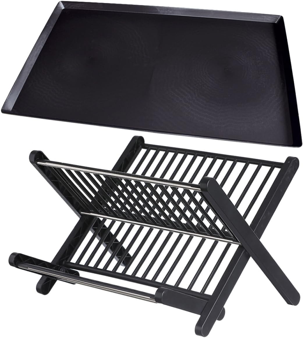 Folding Black Kitchen Dish Rack with Drip Tray, Large Capacity Bowl and Plate Drying Strainer, Space-saving Foldable Dish Drainer for Kitchen Counter Storage