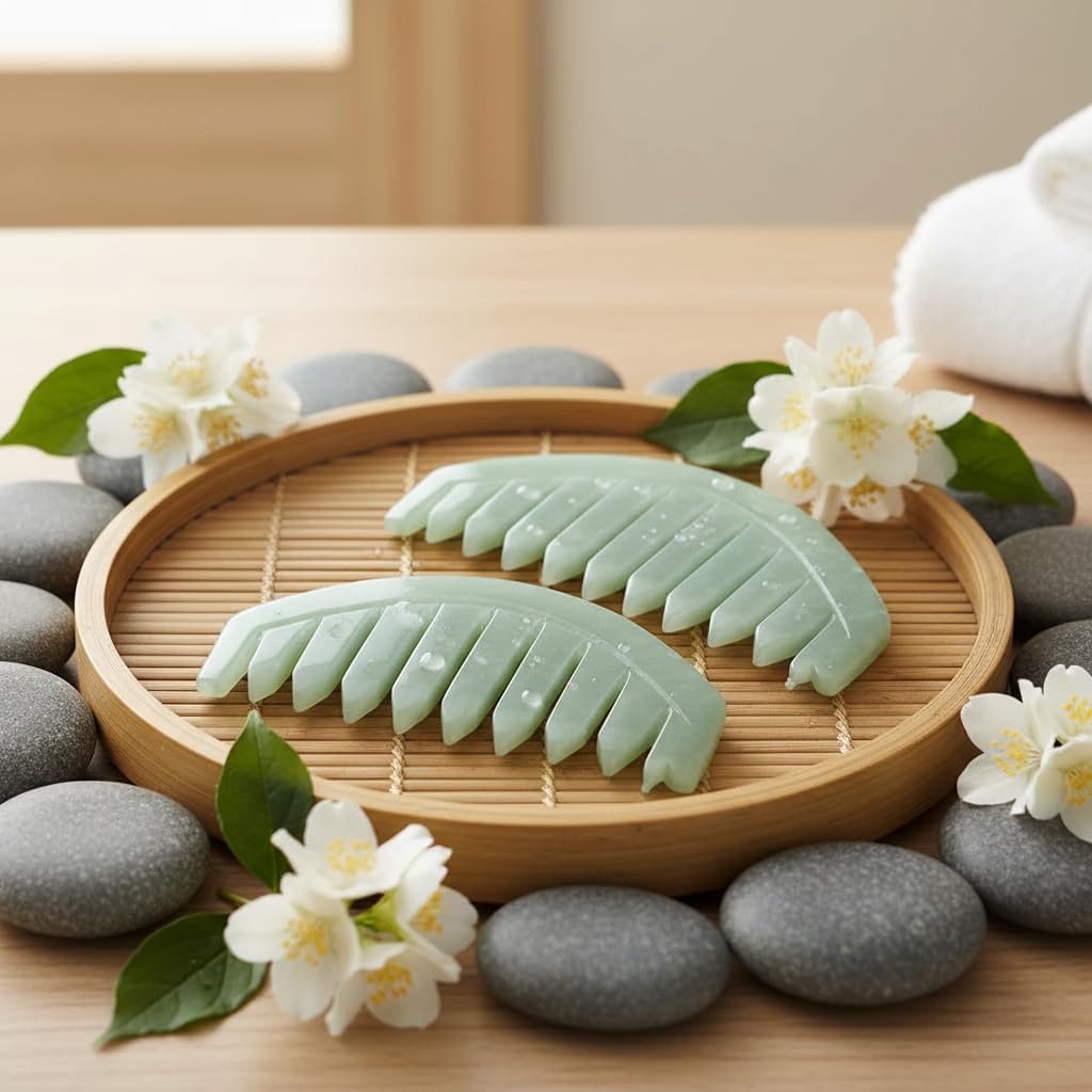 2Pcs Nature Jade Stone Massage Comb,Traditional Natural Jade Massager Acupuncture Head Therapy Trigger Point Treatment On Head Gua Sha Board Manual Scalp Massagers Massage Tools