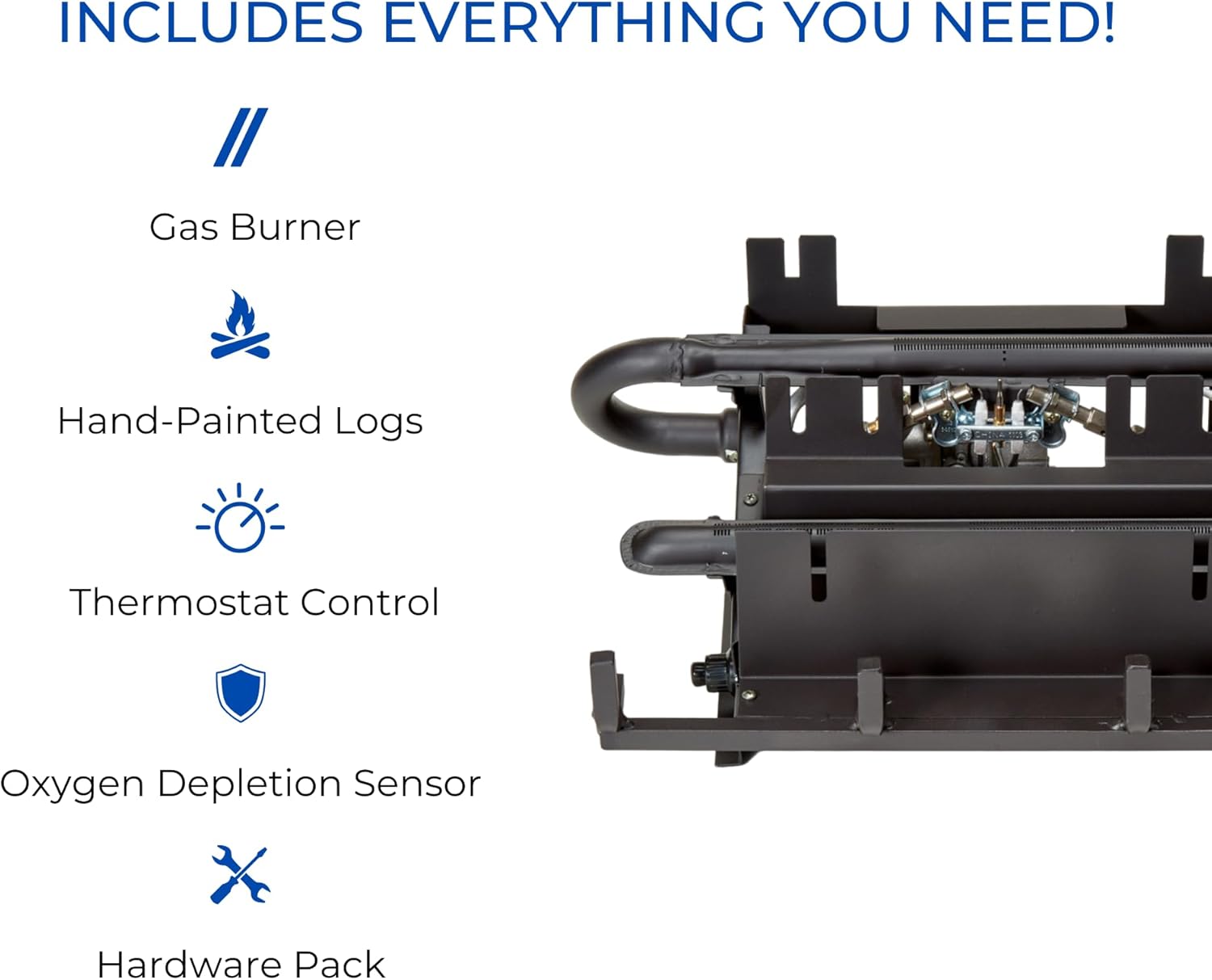Diagram showing all included components of the fireplace log set