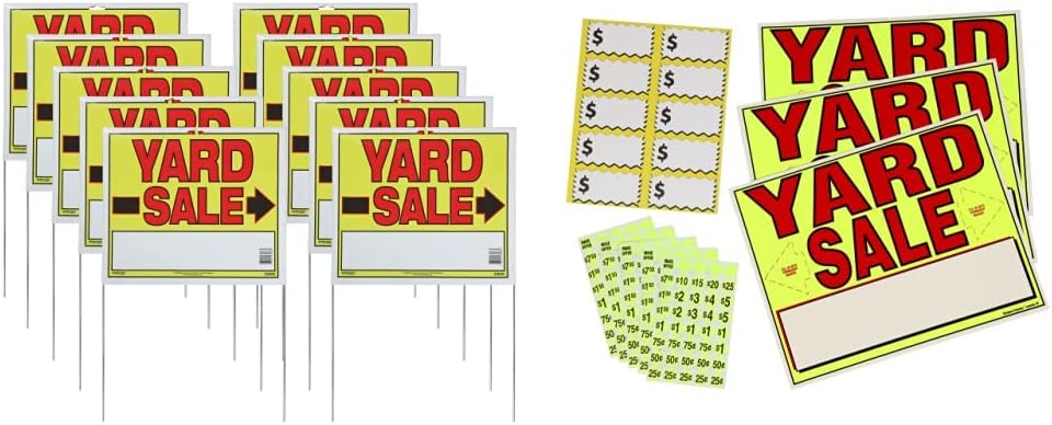 Sunburst Systems 3908 Yard U-Stake Yard Sale Sign, 22" x 14", 10 Pack, Yellow,Red,Black & 4150 Yard Neon Yellow (10) Large Label 4150 Kit Includes (3) All-Weather Yard Sale Signs, Pre-Priced Stickers