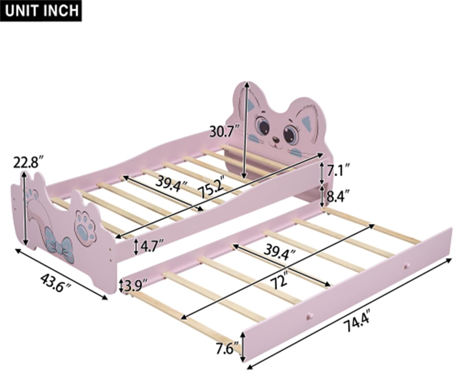 Children's Cartoon Bear and Kitten Pattern Single Platform Bed with Roller Bed Frame, Pink