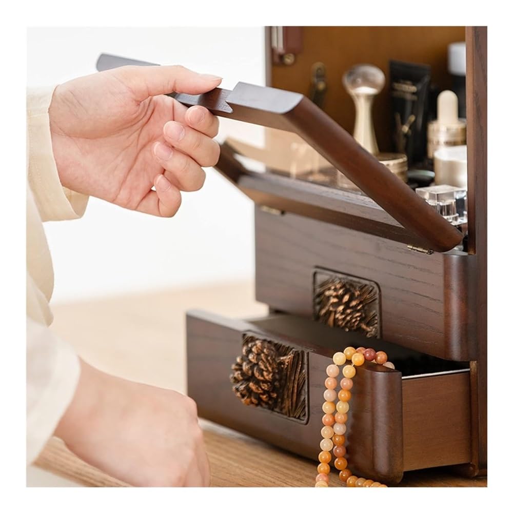 Pudełko do makijażu Organizer na kosmetyki, drewniane etui w stylu retro z szufladami i lustrem, duża pojemność, półka na kosmetyki