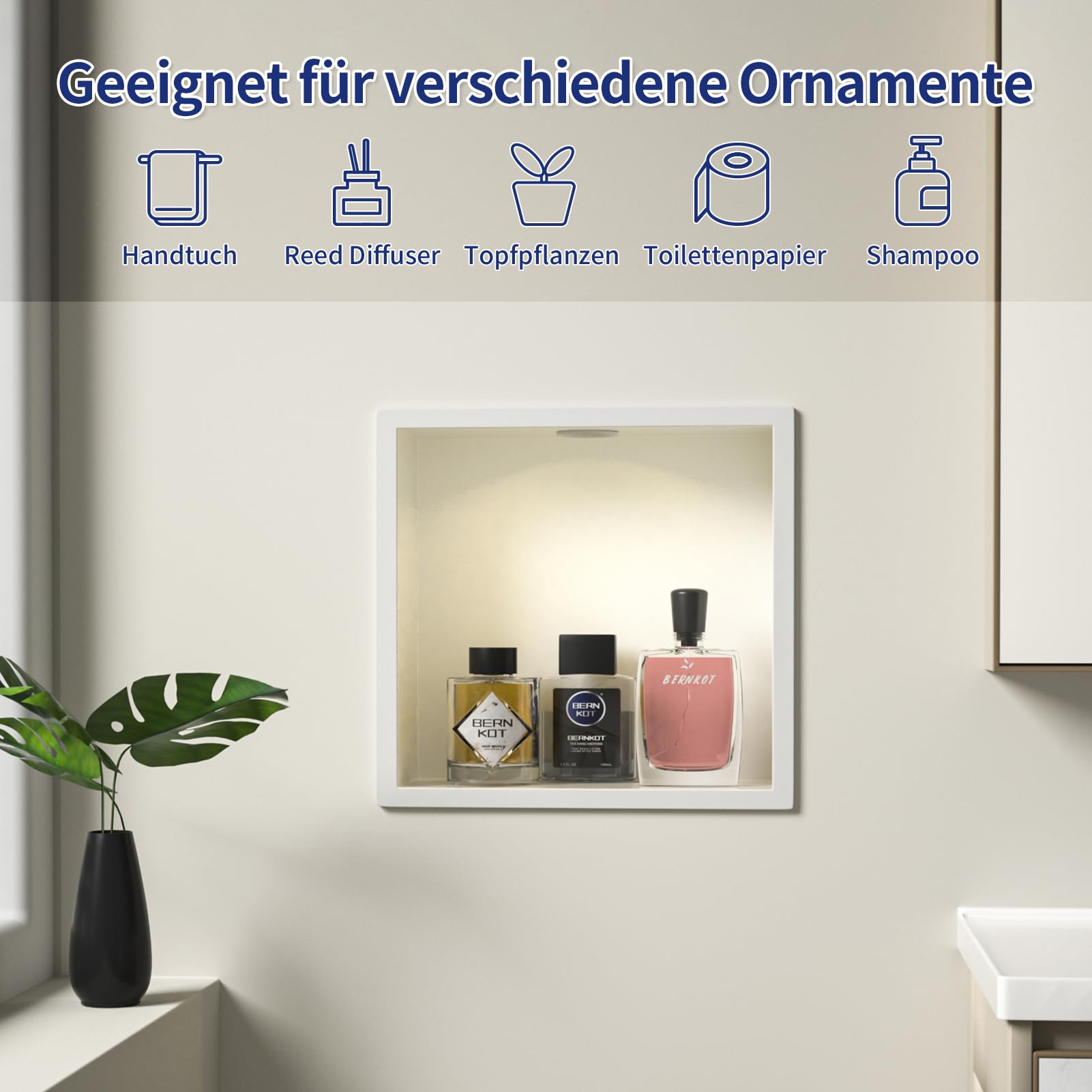 Niche murale de douche en acier inoxydable 30x30 cm avec éclairage LED encastré étanche