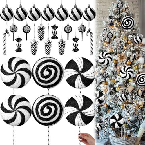 Hollowfly 27 Pcs Large Candy Christmas Decorations 7.87" Peppermint Lollipop Candy Christmas Decorations with Hanging Xmas Tree Ornaments Lollipop for Home Xmas Party Decor(Black and White) by Hollowfly - Used condition - US$9.20