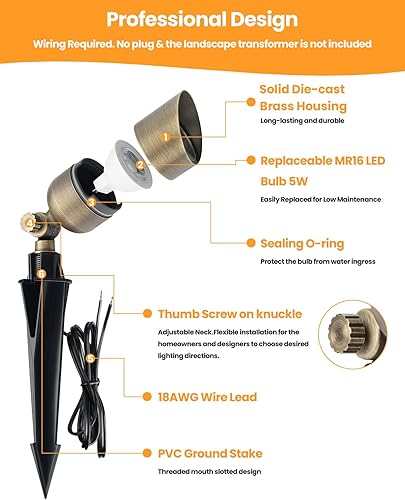 Miniatura 11 de Cheopha Luz de paisaje de bajo voltaje para exteriores, foco de 12 V, kit de LED sólido de latón con estaca de tierra ABS y bombilla LED MR16 de 5